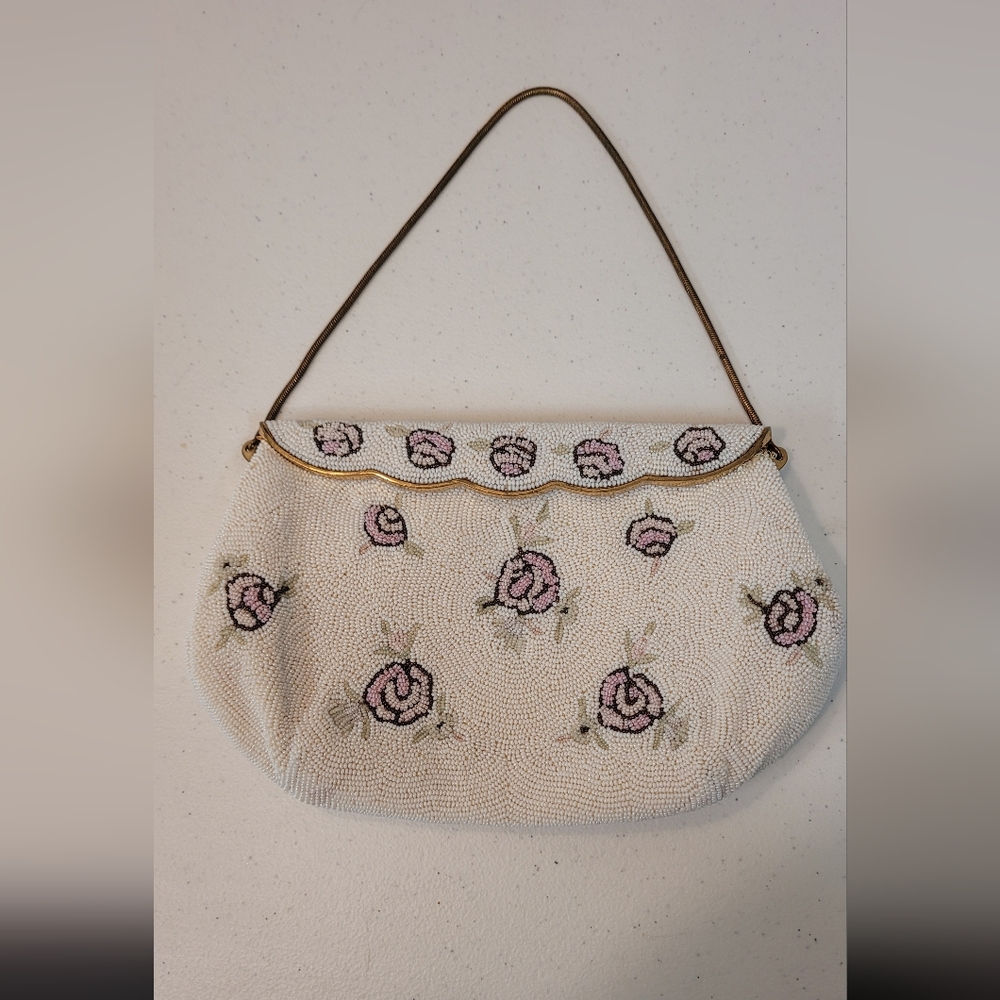 Kaufmann's Dept Store Made in France Beaded Floral Bag w Gold Tone Wrist Chain